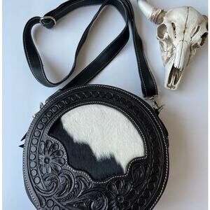 Boho Ranch Round Leather Cowhide Crossbody Purse